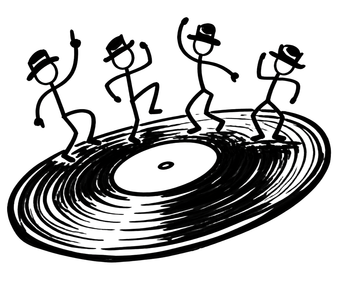 Hand-drawn dancers on a giant vinyl record